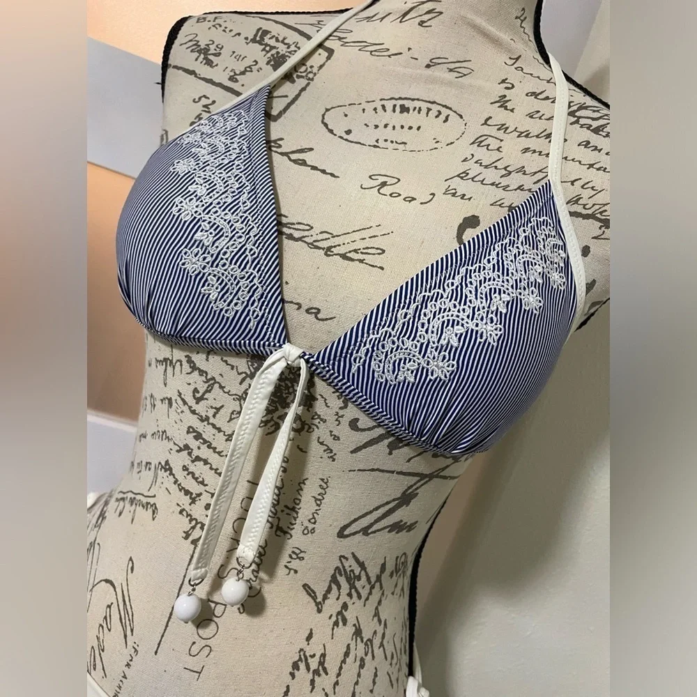 Vacanze Italiane Blue and White Embroidered Striped Halter Bikini